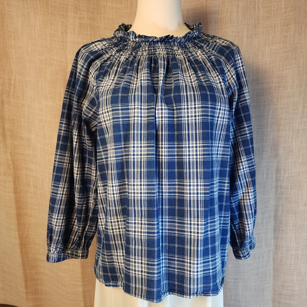 J.Crew Re-Imagined Plaid Smocked Ruffle Neck Cotton Top Size S Blue White